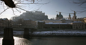 Mozartsteg and parts of the Altstadt seen in winter.